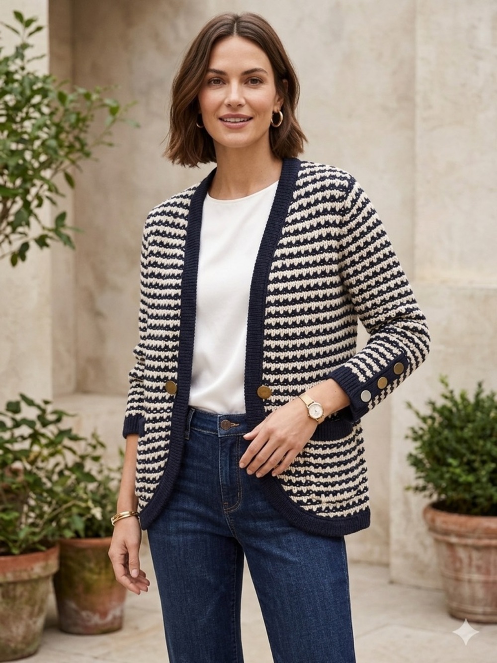 LOFT Striped Button Trim Knit Blazer Cardigan – Navy/Ivory